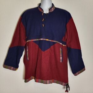 Vintage 70s Red & Blue Handmade Wool Pullover Sweater Made in Nepal size XLarge